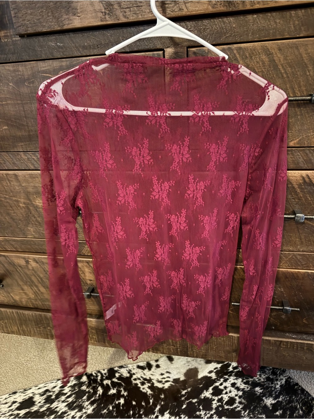 Sheer Burgundy Lace Long-Sleeve Women's Top